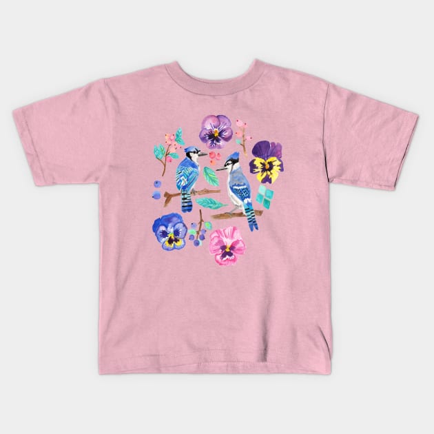 Blue Jay Winter Garden Kids T-Shirt by tangerinetane